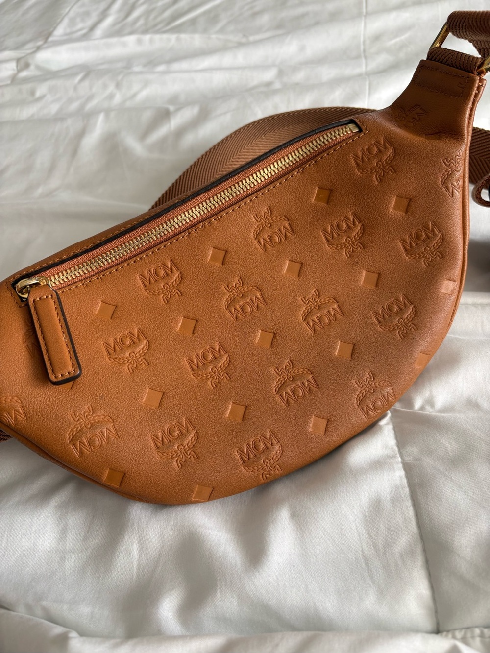 MCM Cognac Embossed Visetos Belt Bag with Gold Hardware - Picture 2 of 4